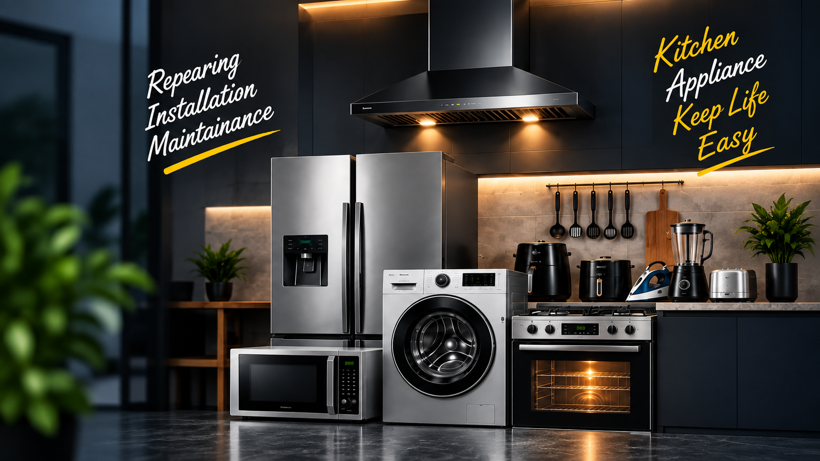 Modern home appliances including refrigerator, washing machine, oven and microwave in a bright kitchen