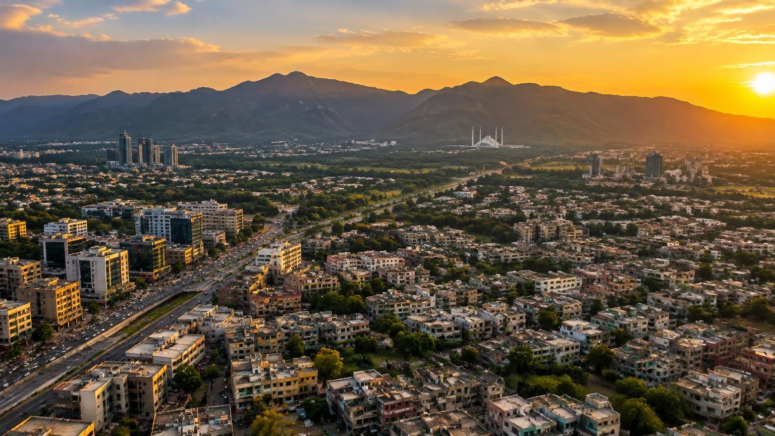 Aerial view of Rawalpindi and Islamabad at golden hour with the Margalla hills