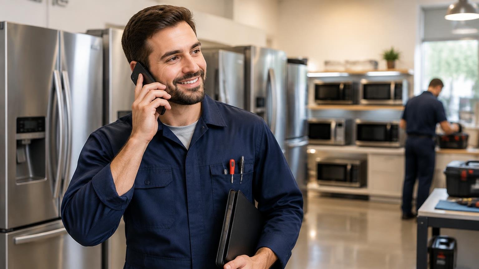Appliance service technician taking a customer call in an appliance service centre