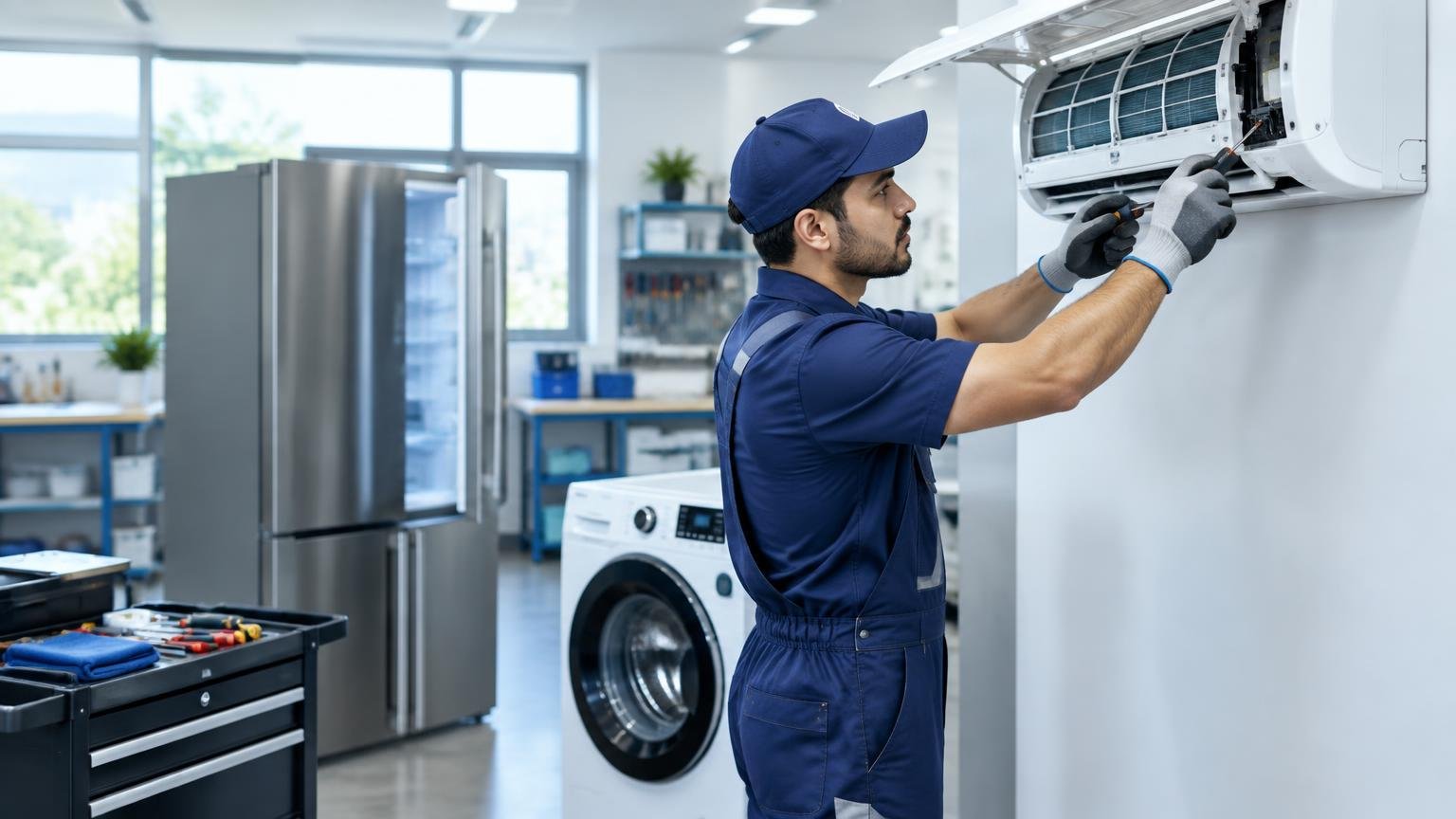 Appliance technician servicing a split air conditioner with a refrigerator and washing machine in a service centre